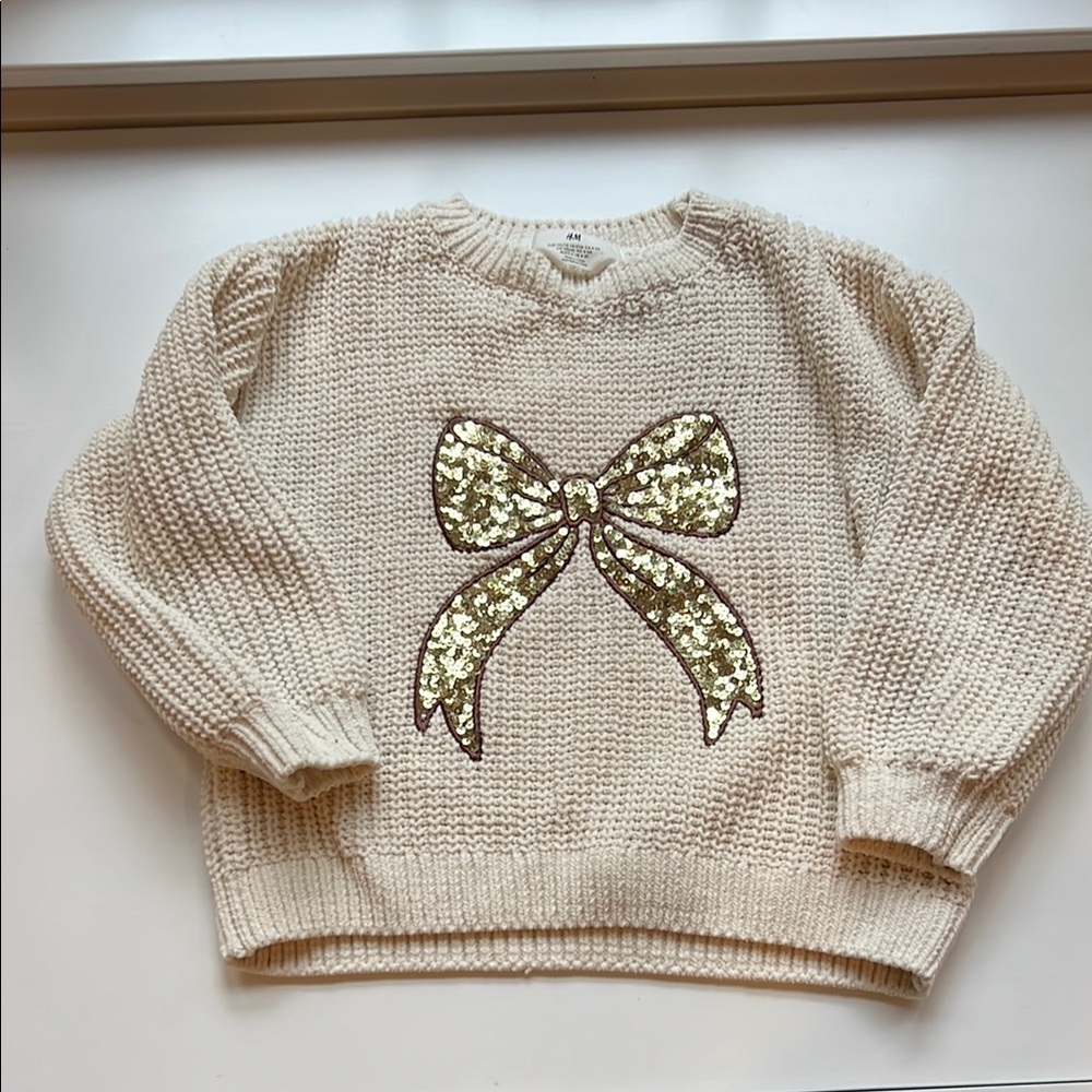 Cream Sweater with Gold Sequin Bow